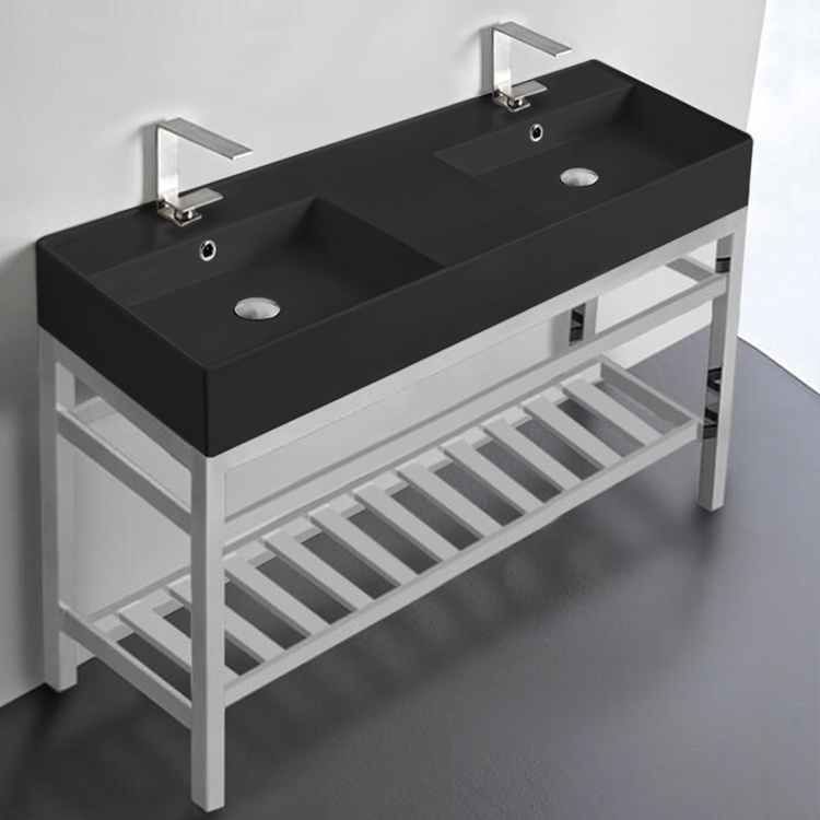 Scarabeo 5143-49-CON2 Matte Black Double Ceramic Console Sink and Polished Chrome Base